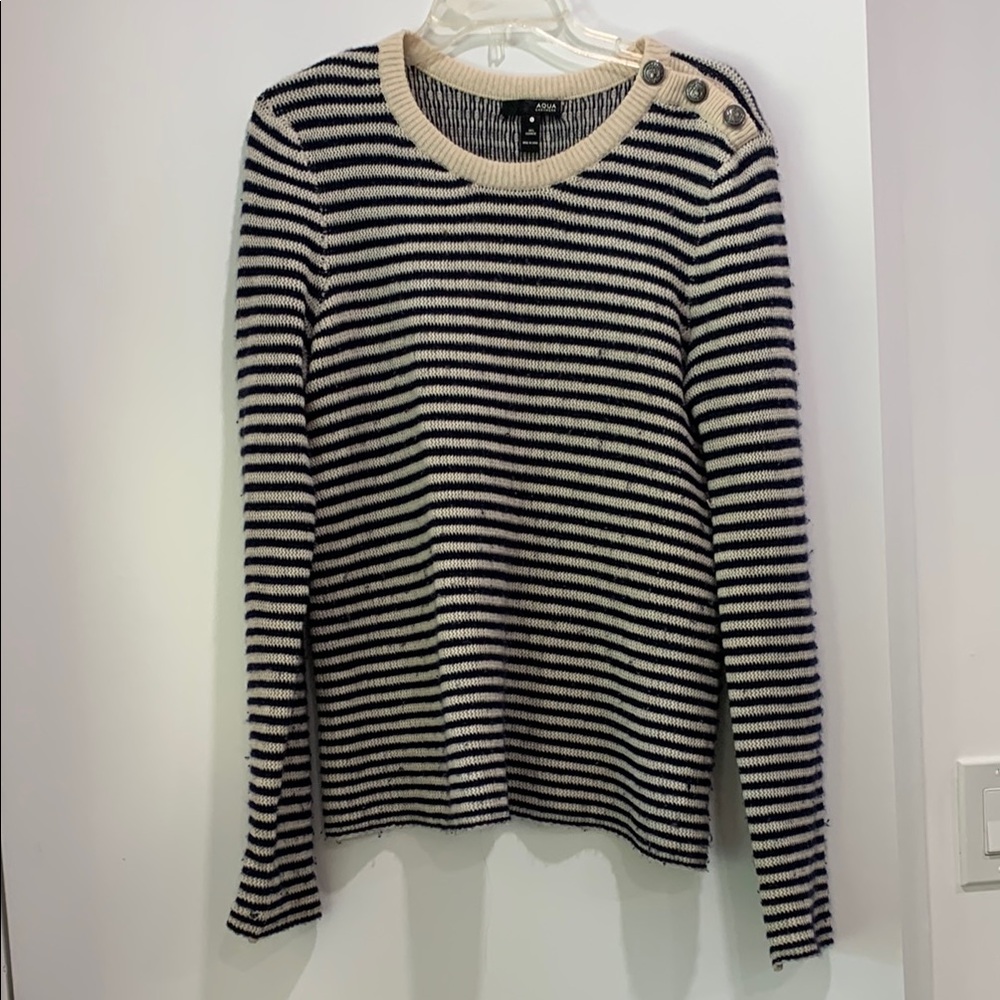 Aqua Cashmere Navy and Cream Striped Sweater